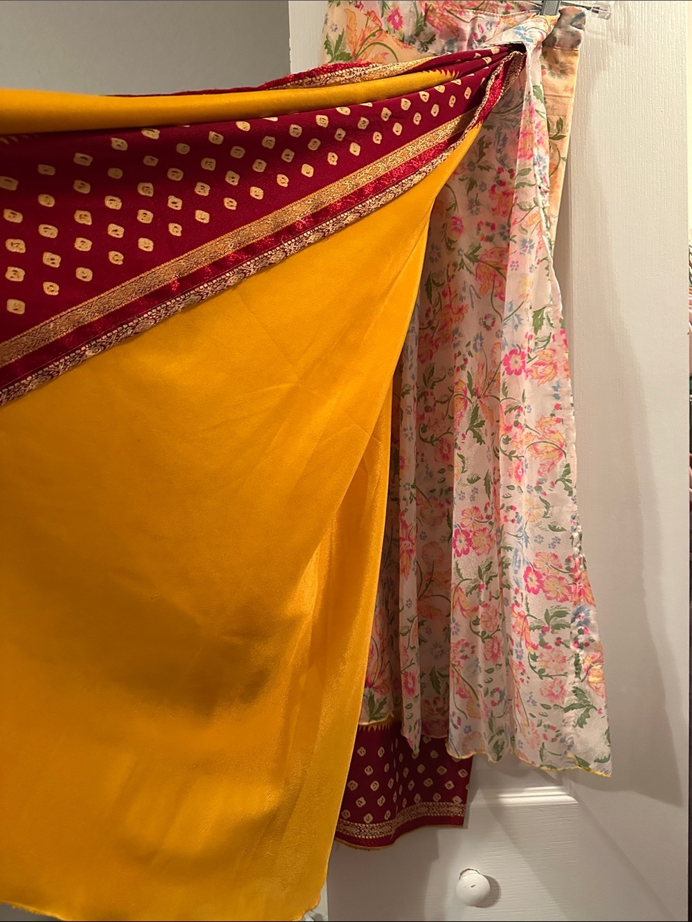 Asymmetrical Wrap Skirt in Mustard Yellow and Burgundy